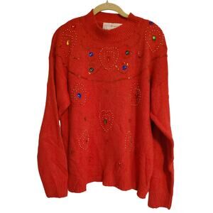 Vintage 80s Red Mock Neck Sweater Angora Lambswool Beaded Jeweled Maximalist